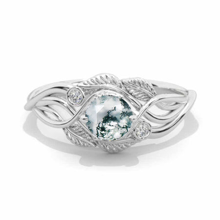 1 Carat Genuine Moss Agate White Gold Engagement Lattice Floral Accented Ring