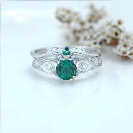 14K White Gold Emerald Celtic Engagement Ring Set