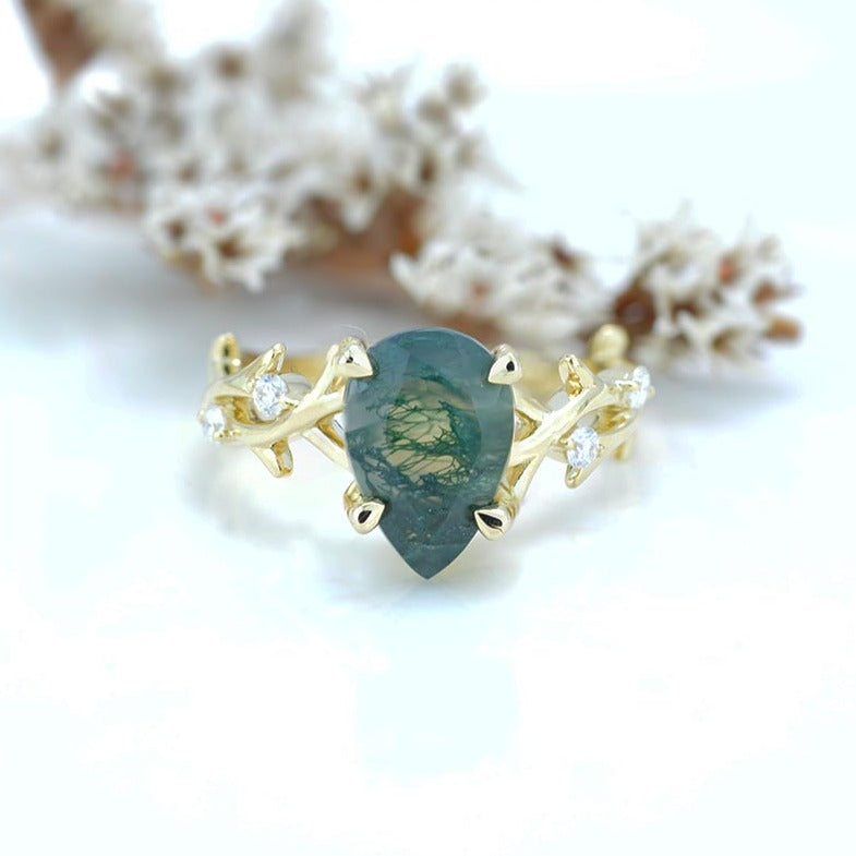 3 Carat Genuine Pear Cut Moss Agate Twig Floral White Gold Engagement  Ring 3 Carat Genuine Pear Cut Moss Agate Twig Floral White Gold Engagement  Ring