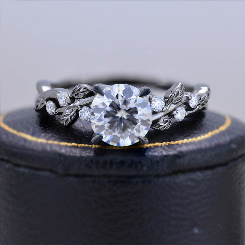 Round Brilliant Cut Moissanite Floral Black Gold Engagement Ring Round Brilliant Cut Moissanite Floral Black Gold Engagement Ring