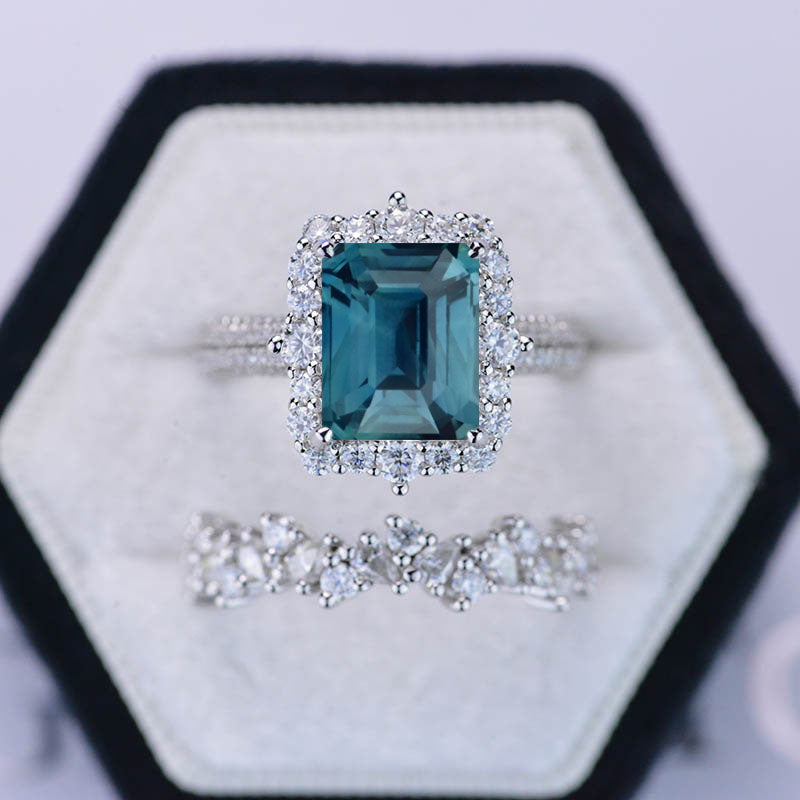 3Ct Moissanite Engagement Ring Halo Radiant Cut Teal Sapphire Engagement Ring Set. 3Ct Moissanite Engagement Ring Halo Radiant Cut Teal Sapphire Engagement Ring Set.
