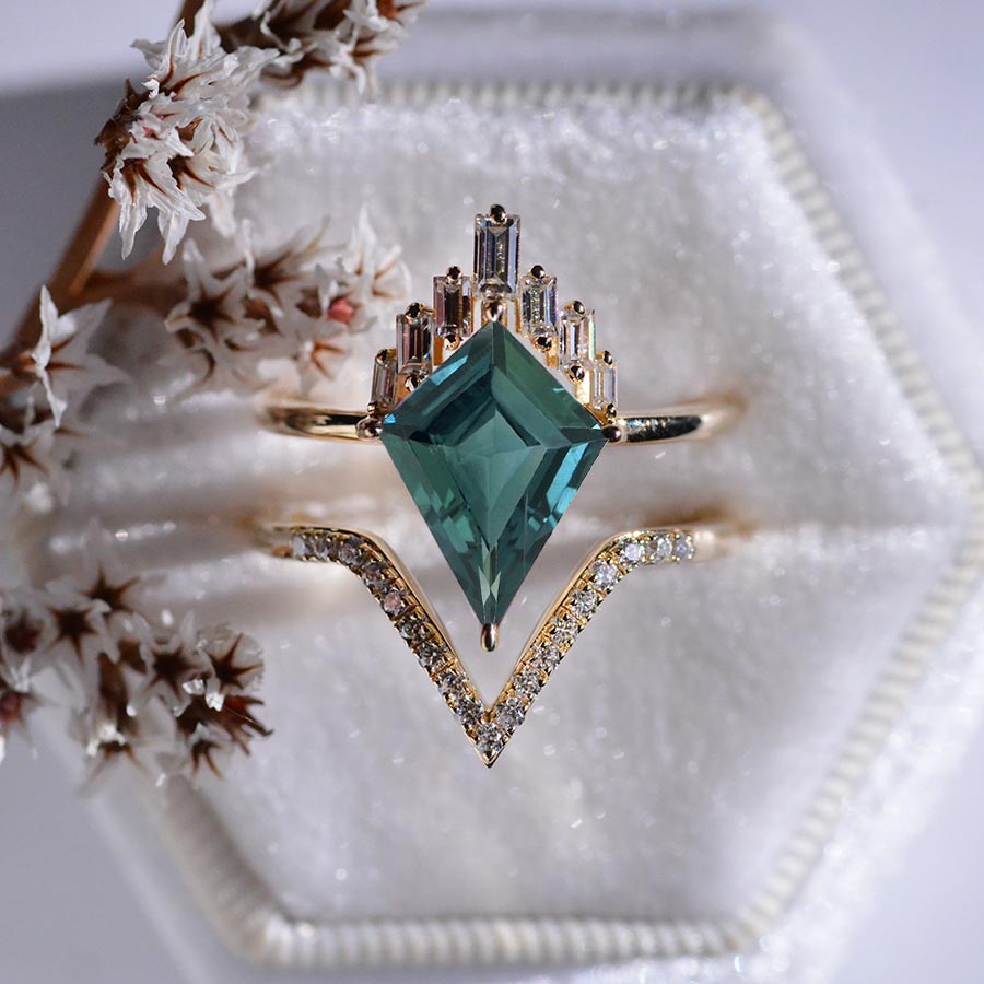 14K Gold 4 Carat Kite Teal Sapphire Halo Engagement Ring, Eternity Ring Set 14K Gold 4 Carat Kite Teal Sapphire Halo Engagement Ring, Eternity Ring Set