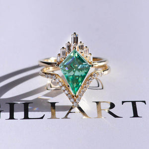 14K Gold 4 Carat Kite Green Moissanite Halo Engagement Ring, Eternity Ring Set