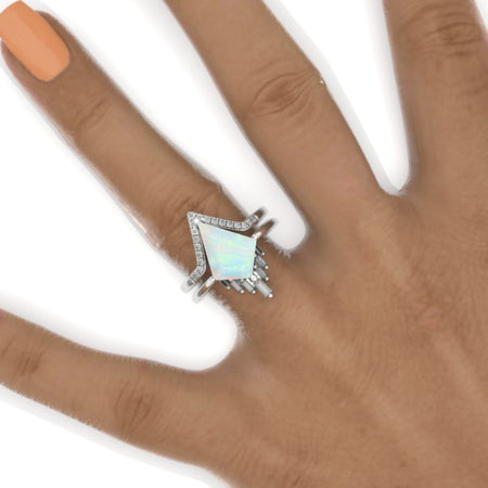 1.5 Carat Kite Genuine Natural White Opal Halo 14K White Gold Engagement Ring, Eternity Ring Set