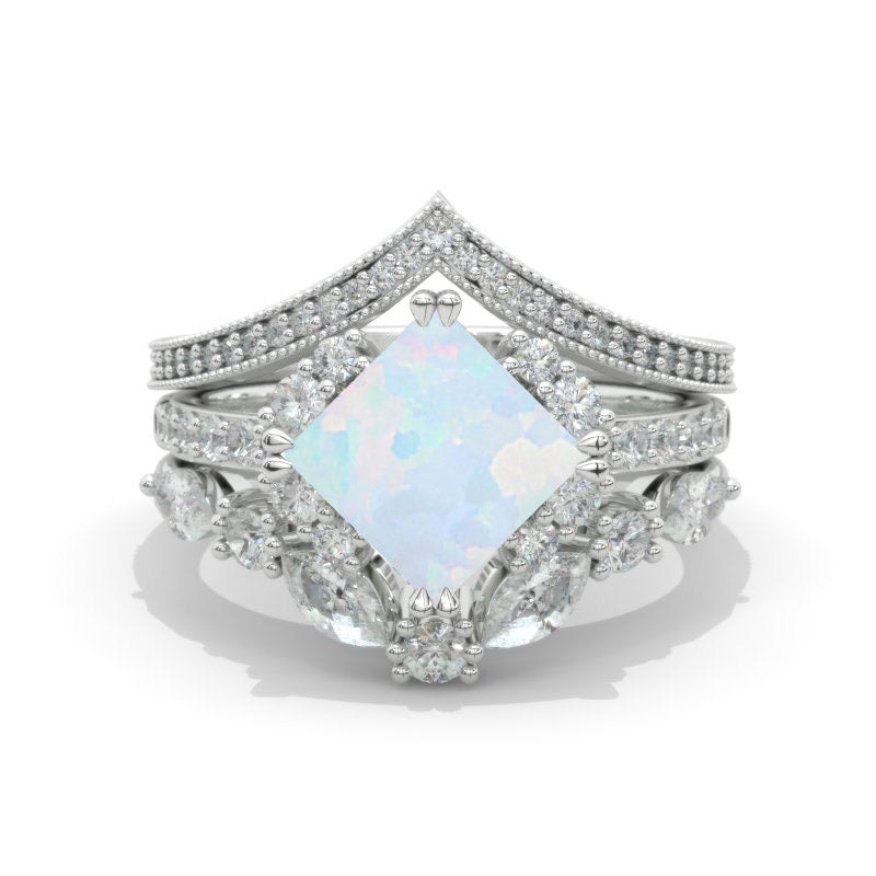 14K White Gold 1.9 Carat Princess Genuine Natural White Opal Halo Engagement Ring Eternity Ring Set 14K White Gold 1.9 Carat Princess Genuine Natural White Opal Halo Engagement Ring Eternity Ring Set