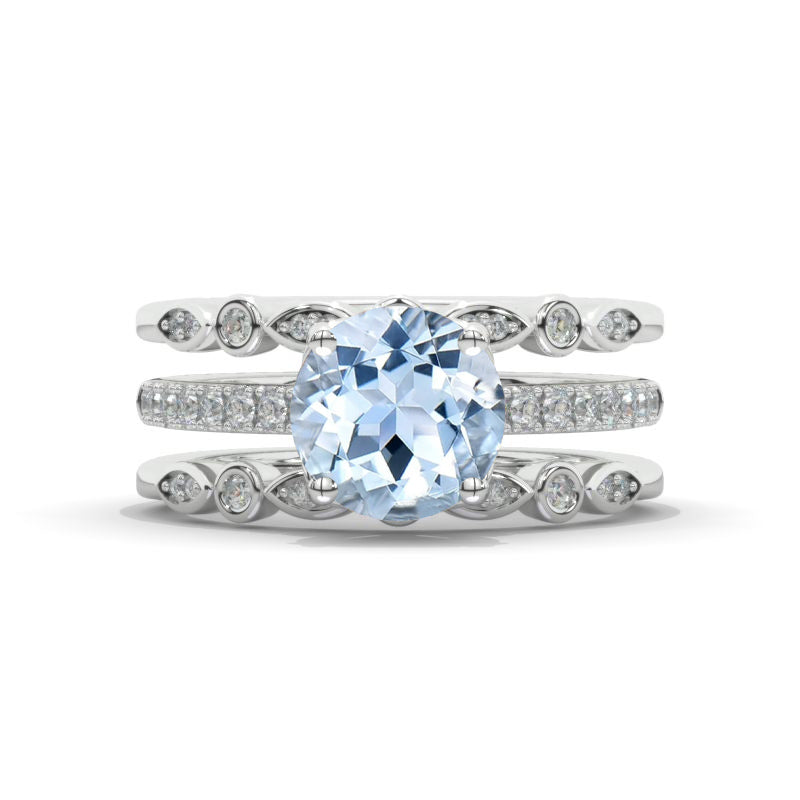 14K White Gold 2 Carat Round Cut Genuine Aquamarine Engagement Ring Eternity Ring Set 14K White Gold 2 Carat Round Cut Genuine Aquamarine Engagement Ring Eternity Ring Set
