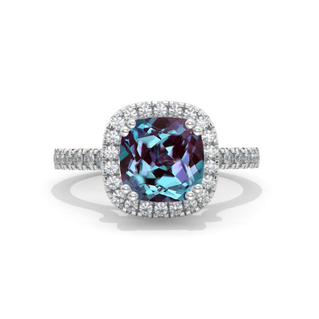 2.5 Carat Cushion Alexandrite Halo Engagement Ring. Victorian 14K White Gold Ring