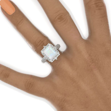 4 Carat Vintage Style 10x8mm Radiant Cut Genuine Natural White Opal White Gold Engagement Ring