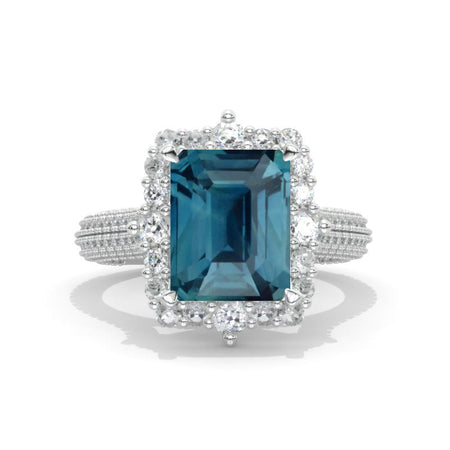 3 Carat Vintage Style 9x7mm Radiant Cut Teal Sapphire White Gold Engagement Ring