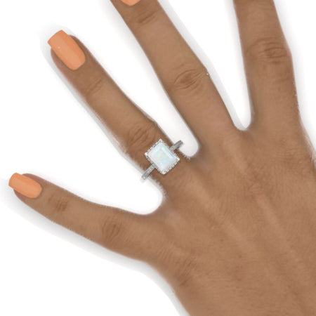 4 Carat Emerald Cut Genuine Natural White Opal Double Hidden Halo Engagement Ring