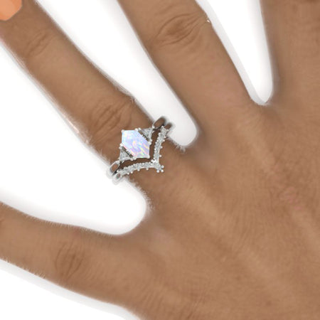 14K White Gold 3 Carat Hexagon Genuine Natural White Opal Halo Engagement Ring, Eternity Ring Set