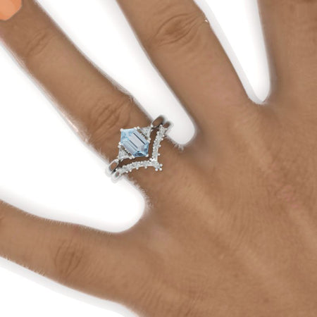 14K White Gold 3 Carat Hexagon Genuine Aquamarine Halo Engagement Ring, Eternity Ring Set