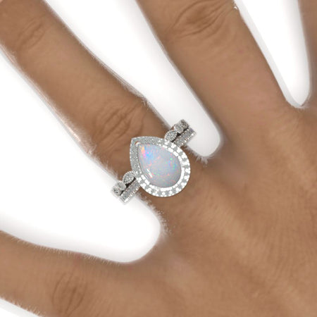 3 Carat Halo Pear Cut Genuine Natural White Opal 14K Solid White Gold Ring Set