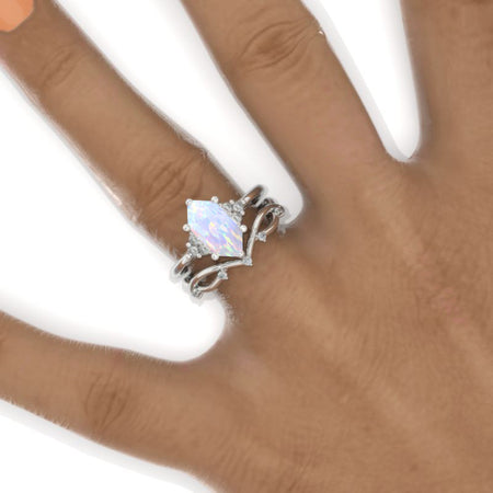 14K White Gold 3 Carat Hexagon Genuine Natural White Opal Halo Engagement Ring, Eternity Ring Set