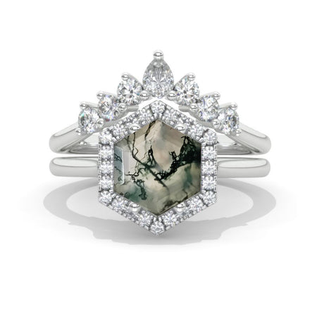 4 Carat Hexagon Genuine Moss Agate Halo 14K White Gold Engagement Ring, Eternity Ring Set