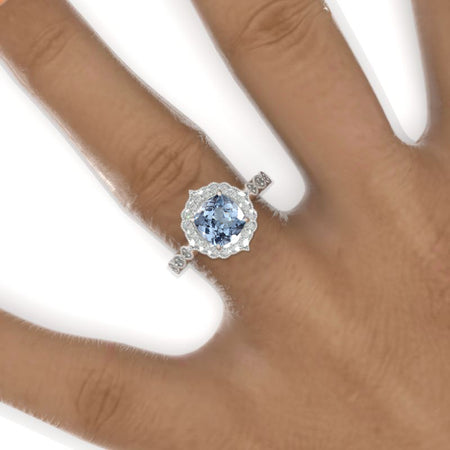 2.5 Carat Cushion Genuine Aquamarine Halo Engagement Ring. Victorian 14K White Gold Ring