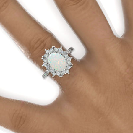 2 Carat Oval Genuine Natural White Opal Halo Vintage 14K White Gold Engagement Ring