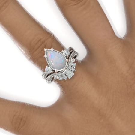 3CT Pear Shape Genuine Natural White Opal Engagement Ring Set, White Gold, Halo Vintage Moissanite Band, V Band Vintage Anniversary Ring Set