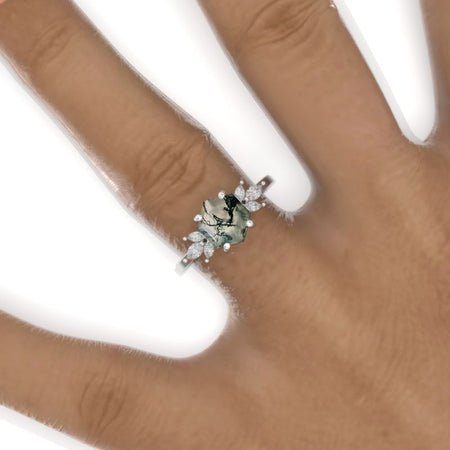 3 Carat Hexagon Genuine Moss Agate Cluster Engagement Ring