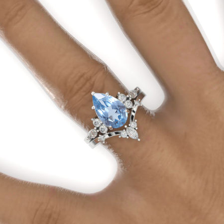 3 Carat Pear Genuine Aquamarine Halo 14K White Gold Engagement Eternity Ring Set