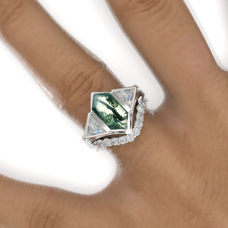 3 Carat Hexagon Genuine Moss Agate Halo 14K White Gold  Engagement Ring, Eternity Ring Set