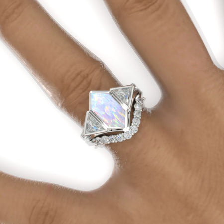 3 Carat Hexagon Genuine Natural White Opal Halo 14K White Gold Engagement Ring, Eternity Ring Set.
