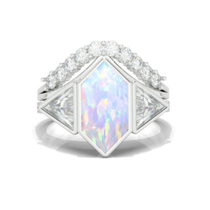 3 Carat Hexagon Genuine Natural White Opal Halo 14K White Gold  Engagement Ring, Eternity Ring Set