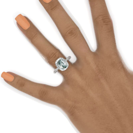 2 Carat 9x7mm Cushion Cut Vintage Style Halo Genuine Moss Agate White Gold Engagement Ring