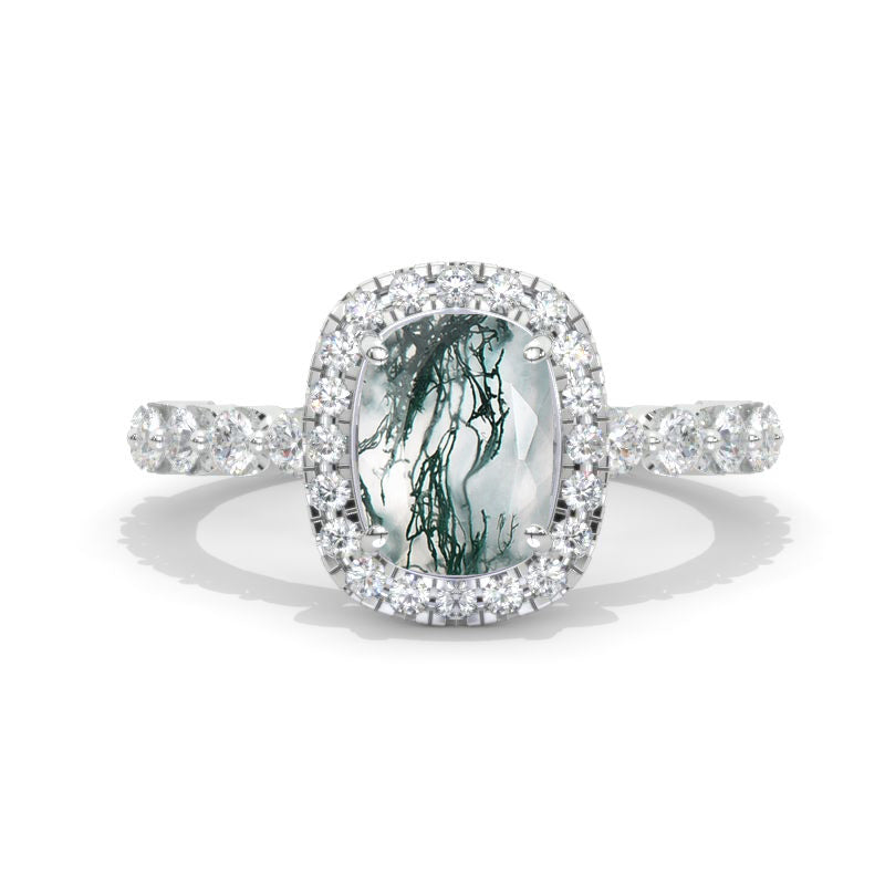 2 Carat 9x7mm Cushion Cut Vintage Style Halo Genuine Moss Agate White Gold Engagement Ring 2 Carat 9x7mm Cushion Cut Vintage Style Halo Genuine Moss Agate White Gold Engagement Ring