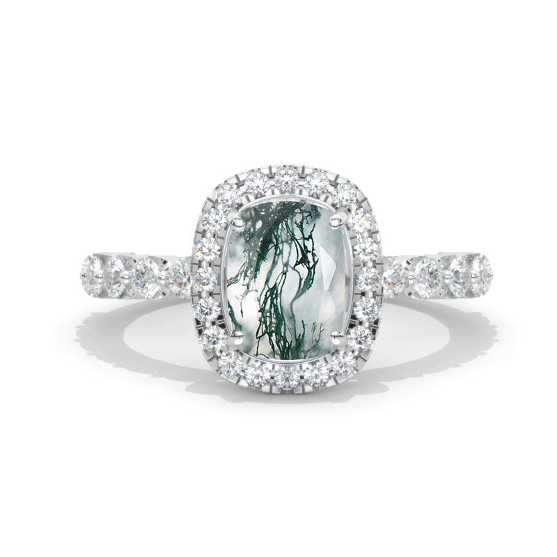 2 Carat 9x7mm Cushion Cut Vintage Style Halo Genuine Moss Agate White Gold Engagement Ring 2 Carat 9x7mm Cushion Cut Vintage Style Halo Genuine Moss Agate White Gold Engagement Ring