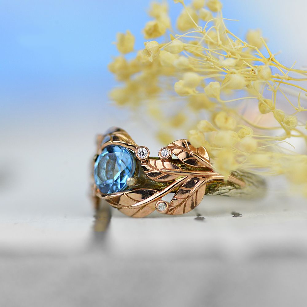 Genuine  Aquamarine Moissanite Leaf Engagement Ring 14K White Genuine  Aquamarine Moissanite Leaf Engagement Ring 14K White