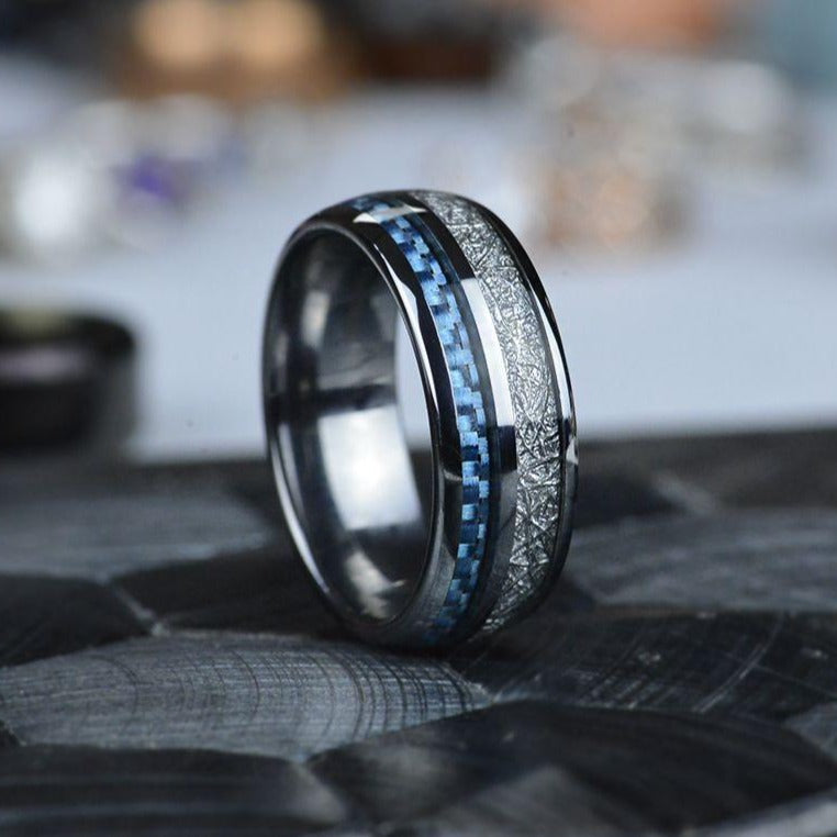 Meteorite Texture and Blue Carbon Fiber Men's Tungsten Ring  - Comfort Fit Meteorite Texture and Blue Carbon Fiber Men's Tungsten Ring  - Comfort Fit