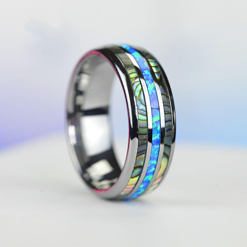 Genuine Australian Blue Fire Opal with Abalone Shell Tungsten Ring For Him For Her Genuine Australian Blue Fire Opal with Abalone Shell Tungsten Ring For Him For Her
