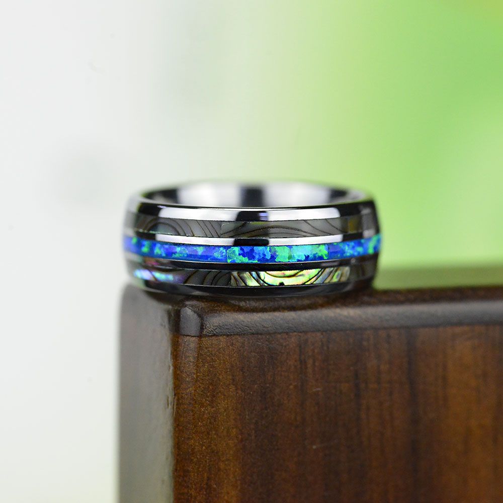 Genuine Australian Blue Fire Opal with Abalone Shell Tungsten Ring Genuine Australian Blue Fire Opal with Abalone Shell Tungsten Ring