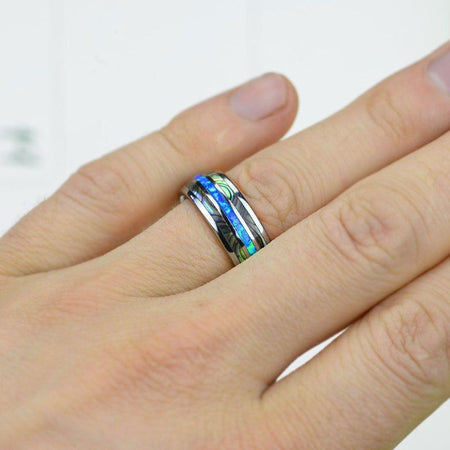 Genuine Australian Blue Fire Opal with Abalone Shell Tungsten Ring For Him For Her