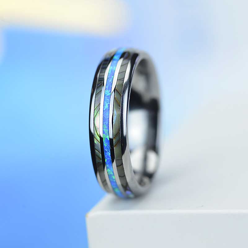 Genuine Australian Blue Fire Opal with Abalone Shell Tungsten Ring Genuine Australian Blue Fire Opal with Abalone Shell Tungsten Ring