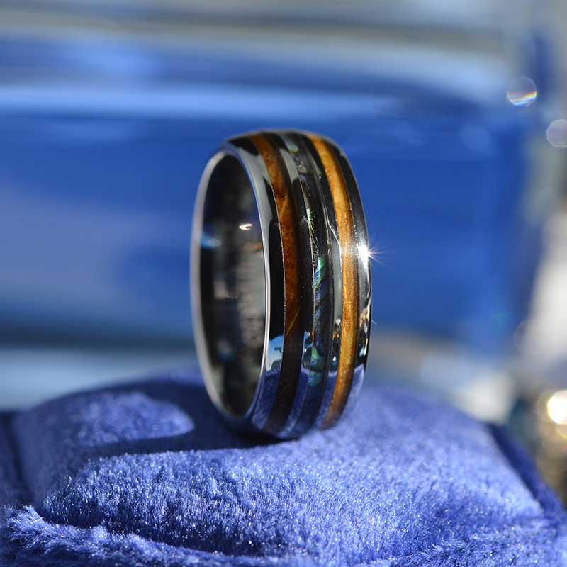 Abalone & Whiskey Barrel Wood Ring Mens Wedding Band Tungsten Ring Abalone & Whiskey Barrel Wood Ring Mens Wedding Band Tungsten Ring