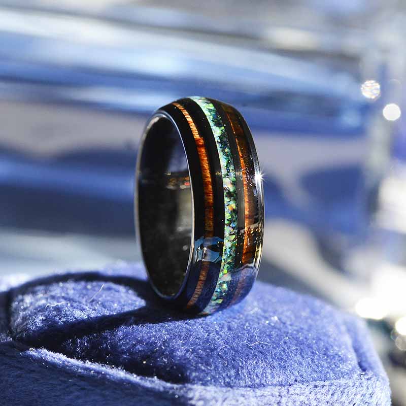 Natural Fire Opal Tungsten Wedding Ring with Hawaii Koa Wood Natural Fire Opal Tungsten Wedding Ring with Hawaii Koa Wood