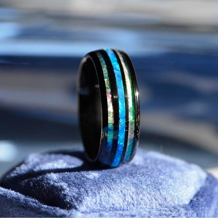 Natural Abalone Shell Blue Opal Men's Black Tungsten Carbide  Ring