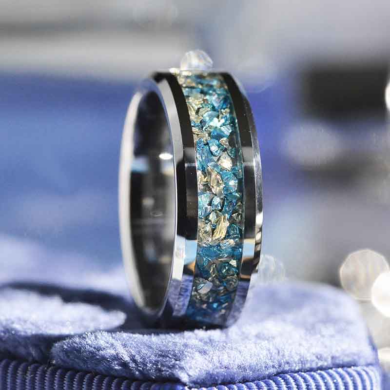Genuine Crushed Raw Blue and White Sapphire Men's Tungsten Ring Genuine Crushed Raw Blue and White Sapphire Men's Tungsten Ring