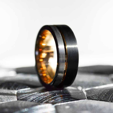 Tungsten Ring Black and Silver Brushed with Yellow Gold Accent