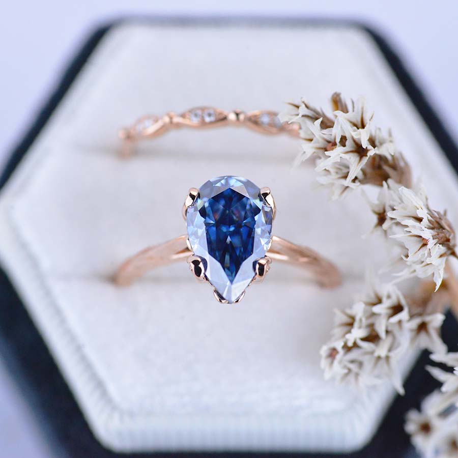 3 Carat Pear Shaped Dark Gray Blue Moissanite  Engagement Eternity Rose Gold Ring Set 3 Carat Pear Shaped Dark Gray Blue Moissanite  Engagement Eternity Rose Gold Ring Set