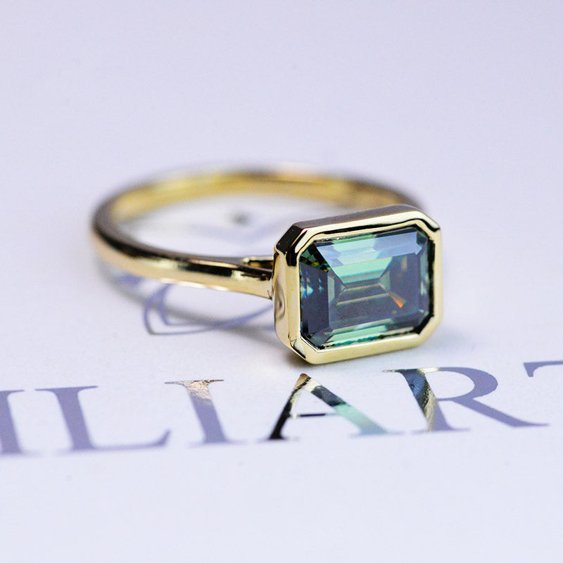 3 Carat Green Moissanite Engagement Ring, Bezel Set Emerald Cut Moissanite Engagement Ring, Moissanite Classic Engagement 14K Yellow Gold Ring 3 Carat Green Moissanite Engagement Ring, Bezel Set Emerald Cut Moissanite Engagement Ring, Moissanite Classic Engagement 14K Yellow Gold Ring