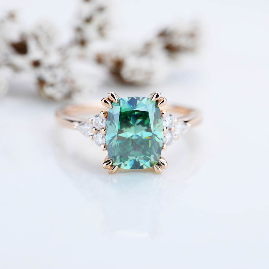 2.5Ct Cushion Green Moissanite Vintage Engagement Ring, Cushion Moissanite Engagement Ring, Marquise Side Accents Stones 14K Rose Gold Ring 2.5Ct Cushion Green Moissanite Vintage Engagement Ring, Cushion Moissanite Engagement Ring, Marquise Side Accents Stones 14K Rose Gold Ring