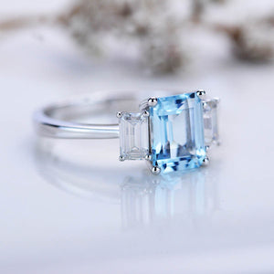 2Ct Emerald cut Aquamarine ring, Aquamarine three stone ring, natural aquamarine and moissanite ring, genuine aquamarine emerald cut ring