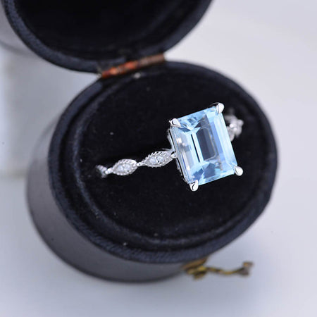 3Ct Emerald cut Aquamarine ring, Aquamarine solitaire ring, natural aquamarine ring, genuine aquamarine emerald cut vintage ring