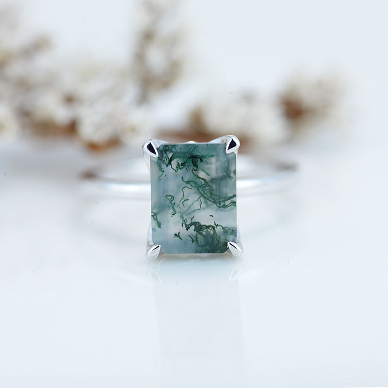 3 Carat Giliarto-Flower Setting Emerald Shaped Step Cut Moss Agate 14K White Gold Engagement Ring 3 Carat Giliarto-Flower Setting Emerald Shaped Step Cut Moss Agate 14K White Gold Engagement Ring