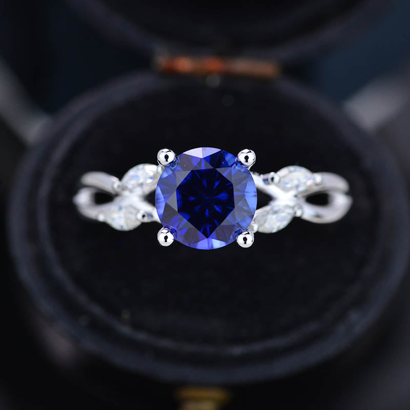 2Ct Round Sapphire Vintage Engagement Ring, Royal Blue Sapphire Engagement Ring, Marquise Side Accents Stones 14K White Gold Ring 2Ct Round Sapphire Vintage Engagement Ring, Royal Blue Sapphire Engagement Ring, Marquise Side Accents Stones 14K White Gold Ring
