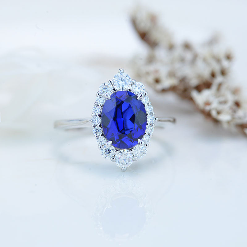Oval 9x7 Sapphire Halo Engagement Ring, Promise Ring For Her, Moissanite Wedding Ring, Oval Lab Grown Sapphire Engagement Ring, 14K Gold Oval 9x7 Sapphire Halo Engagement Ring, Promise Ring For Her, Moissanite Wedding Ring, Oval Lab Grown Sapphire Engagement Ring, 14K Gold