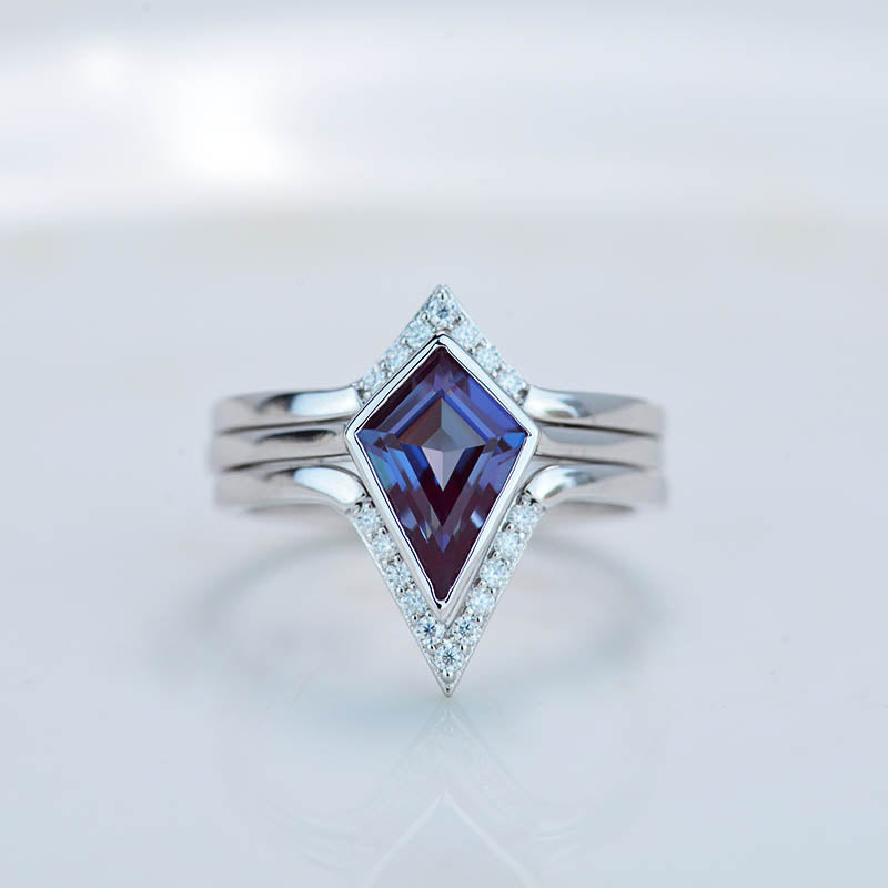 14K White Gold 3 Carat Kite Alexandrite Bezel Engagement Ring, Three Rings Set 14K White Gold 3 Carat Kite Alexandrite Bezel Engagement Ring, Three Rings Set
